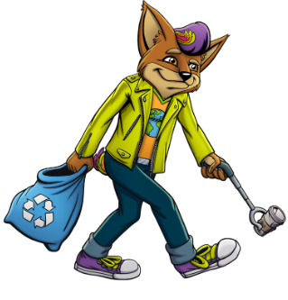 Strider picks up trash while holding a blue recycling bag