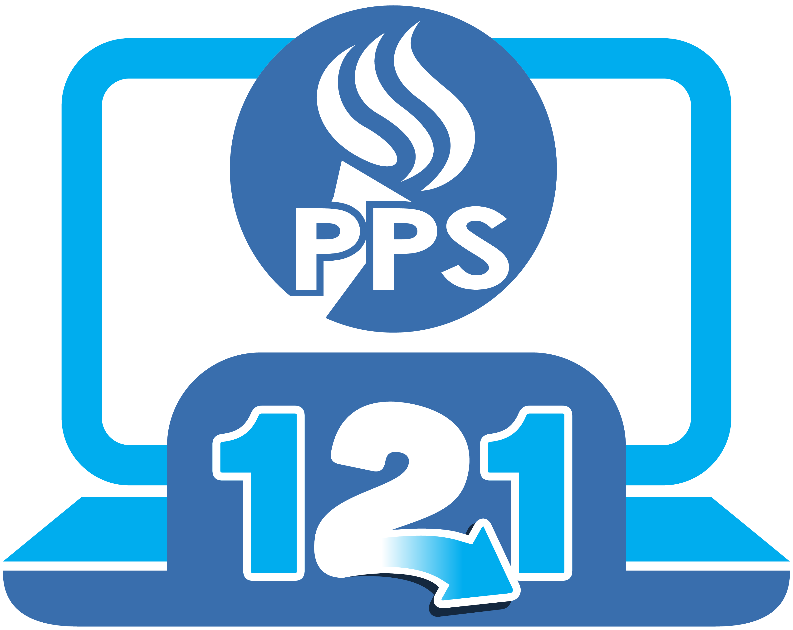PPS logo as a student's head in front of a laptop and PPS121 on the body PPS logo as a student's head in front of a laptop and PPS121 on the body
