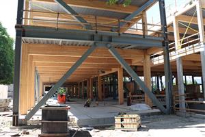 Mass Timber framing seen on two floors fom the north side