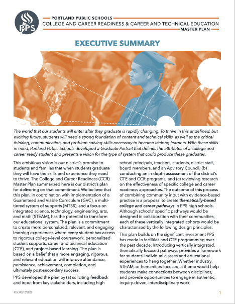 Click here to read the FULL PPS College & Career Readiness (CCR) Master Plan 
