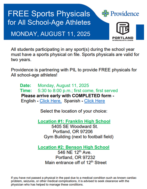 physicals august 11, 5:30 to 8 PM at franklin or benson