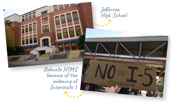 Jefferson HS exterior and sign objecting to I5 expansion.