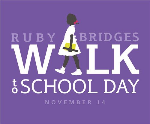 Animated image of Ruby Bridges walking to school over text 'Ruby Bridges Walk to School Day November 14'